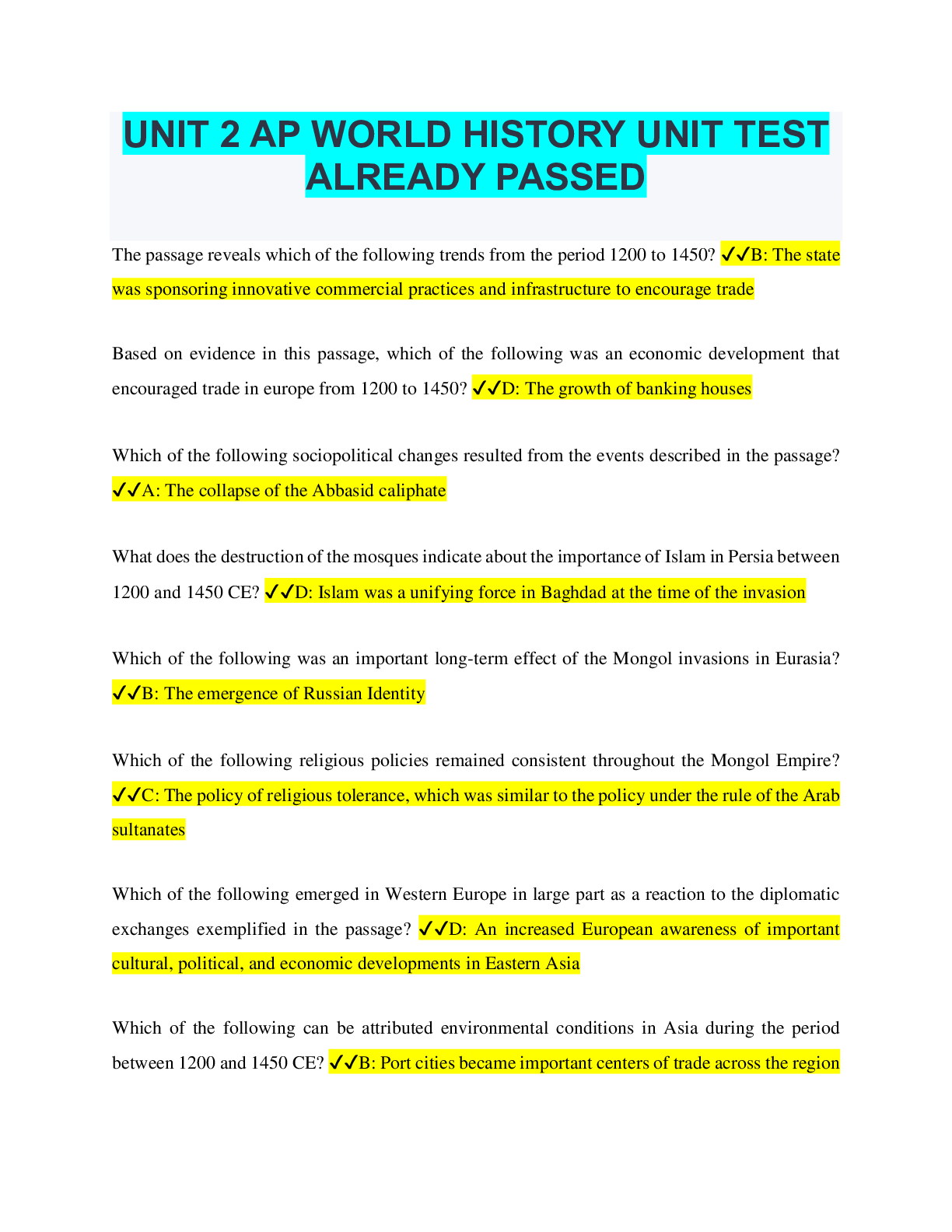 Preview image of UNIT 2 AP WORLD HISTORY UNIT TEST ALREADY PASSED document